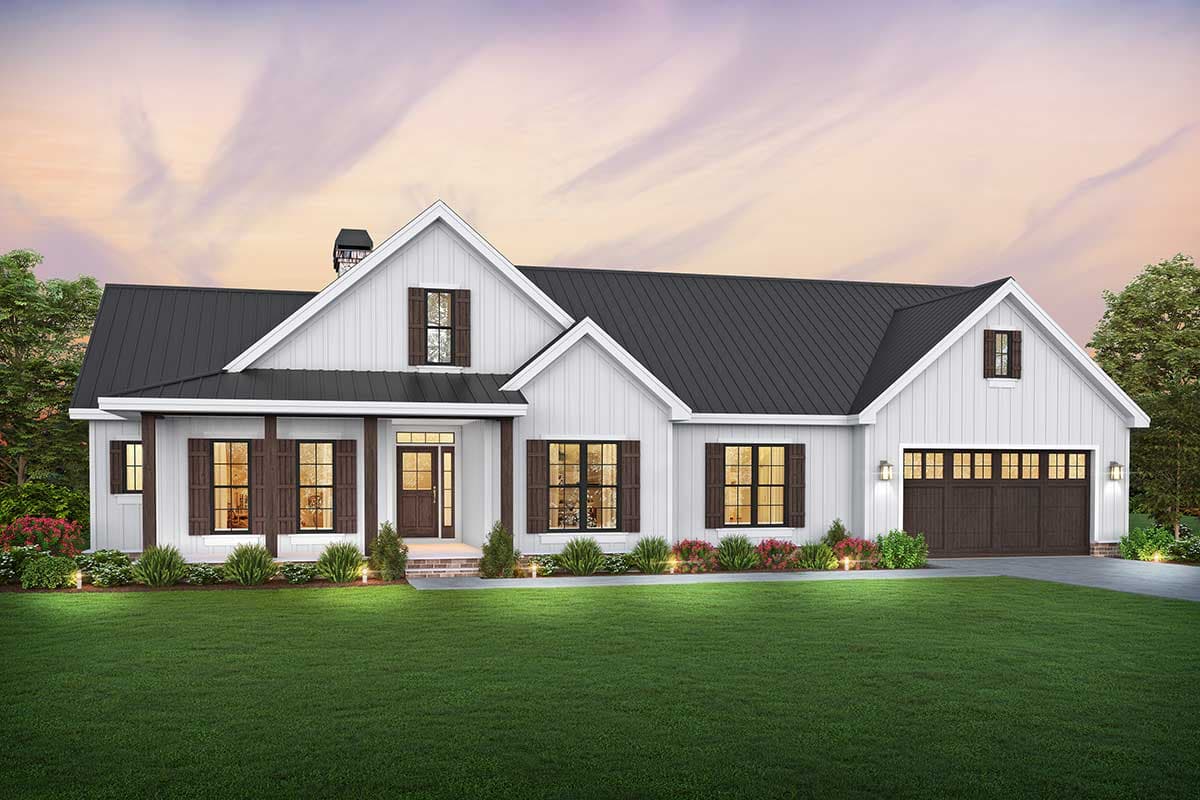 House plan exterior. Modern Farmhouse style with a single story, front porch, gables, and a dark metal roof. Features include garage.