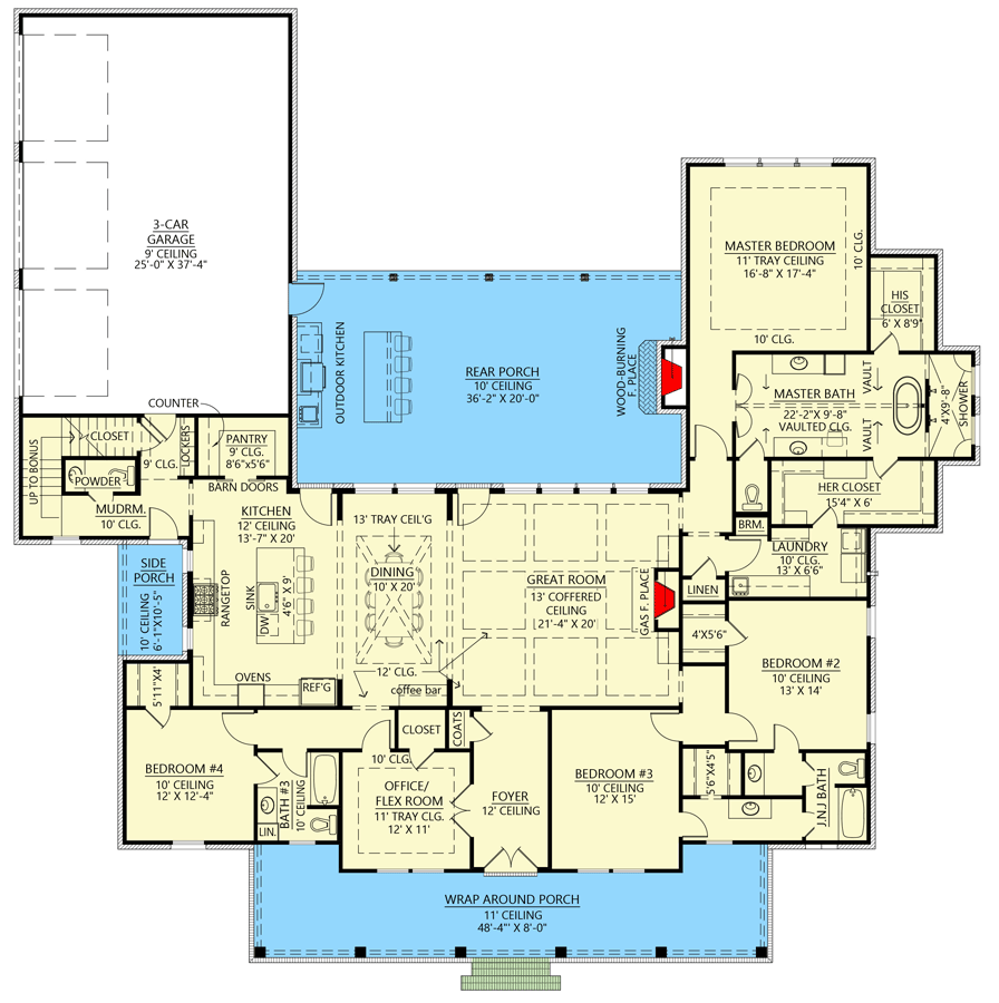 Plan 56509SM: Farmhouse with a Home Office/Flex Room and a Massive Rear Porch - 3449 Sq Ft - Floor Plan - Main Level - Country, Farmhouse, Modern Farmhouse, Southern