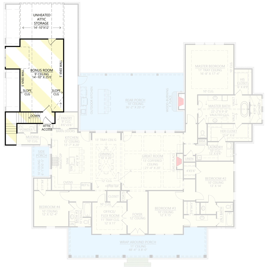 Plan 56509SM: Farmhouse with a Home Office/Flex Room and a Massive Rear Porch - 3449 Sq Ft - Floor Plan - Optionally Finished Bonus Room - Country, Farmhouse, Modern Farmhouse, Southern