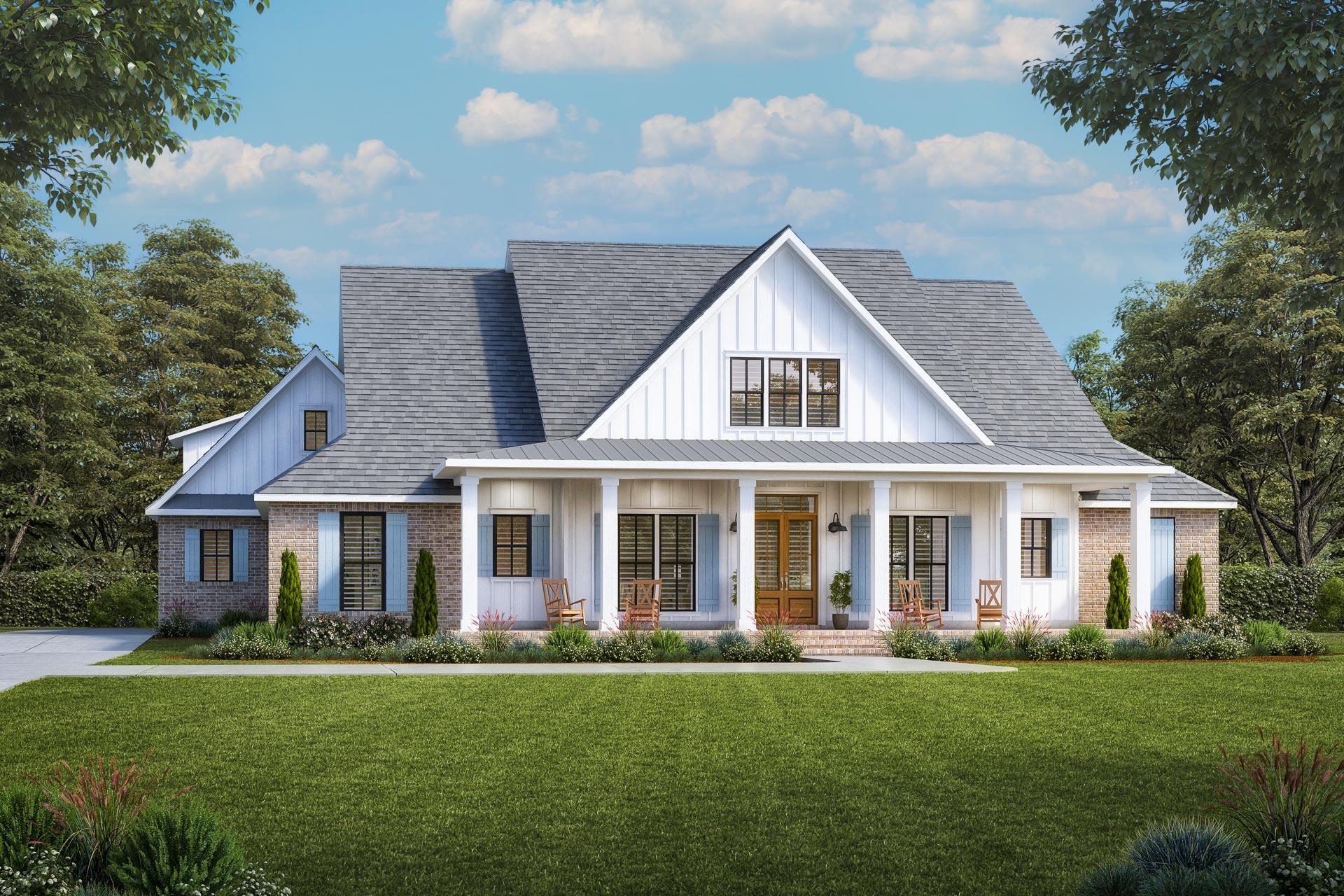 House plan exterior: Modern Farmhouse style, two-story, wide front porch, gables, brick accents, and light blue shutters.