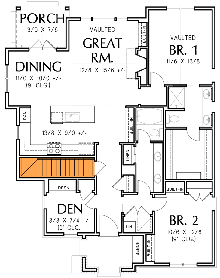 Plan 69779AM: 2-Bed European Cottage with Study and Open Living Space - 1297 Sq Ft - Floor Plan - Basement Stairs Location - Cottage, European, French Country