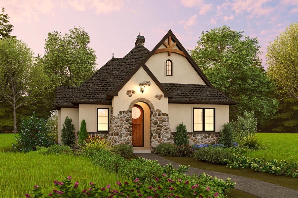 House plan exterior featuring a two-story Cottage style. Key features include a gabled roof, stone facade, and arched entryway with a wooden door.