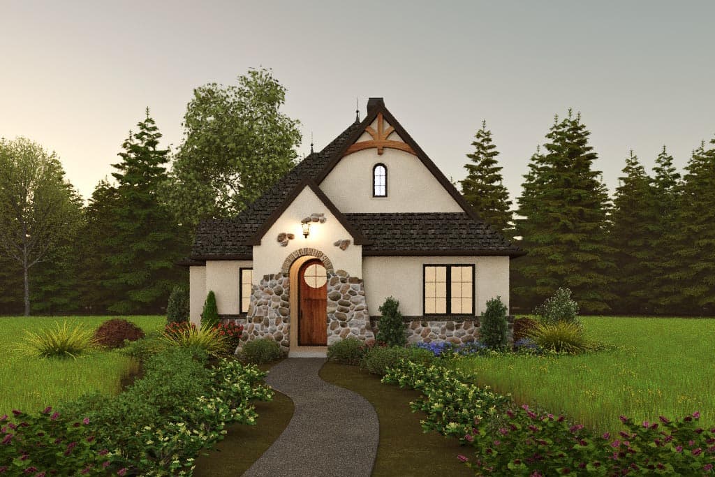 House plan exterior: One-story Tudor style with arched stone entry, decorative gable bracing, and dormer window.