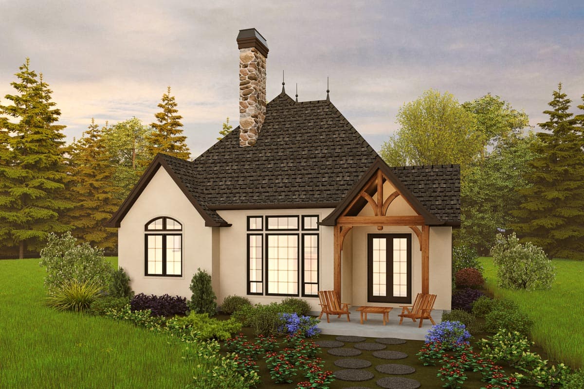 House plan exterior: single-story residence with stone chimney, gabled entrance porch with exposed timber framing, and arched window.