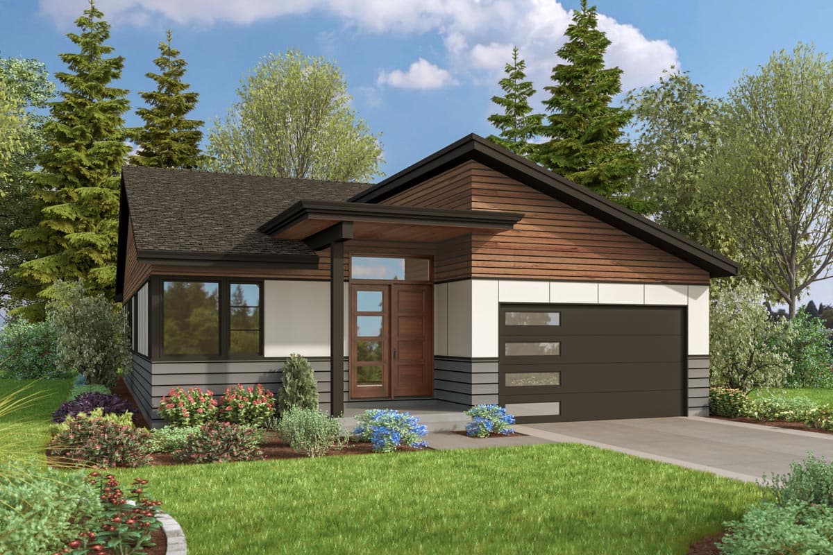 House plan exterior. Modern style with one story, flat roof, and covered entry. Features wood siding, large windows, and an attached garage.