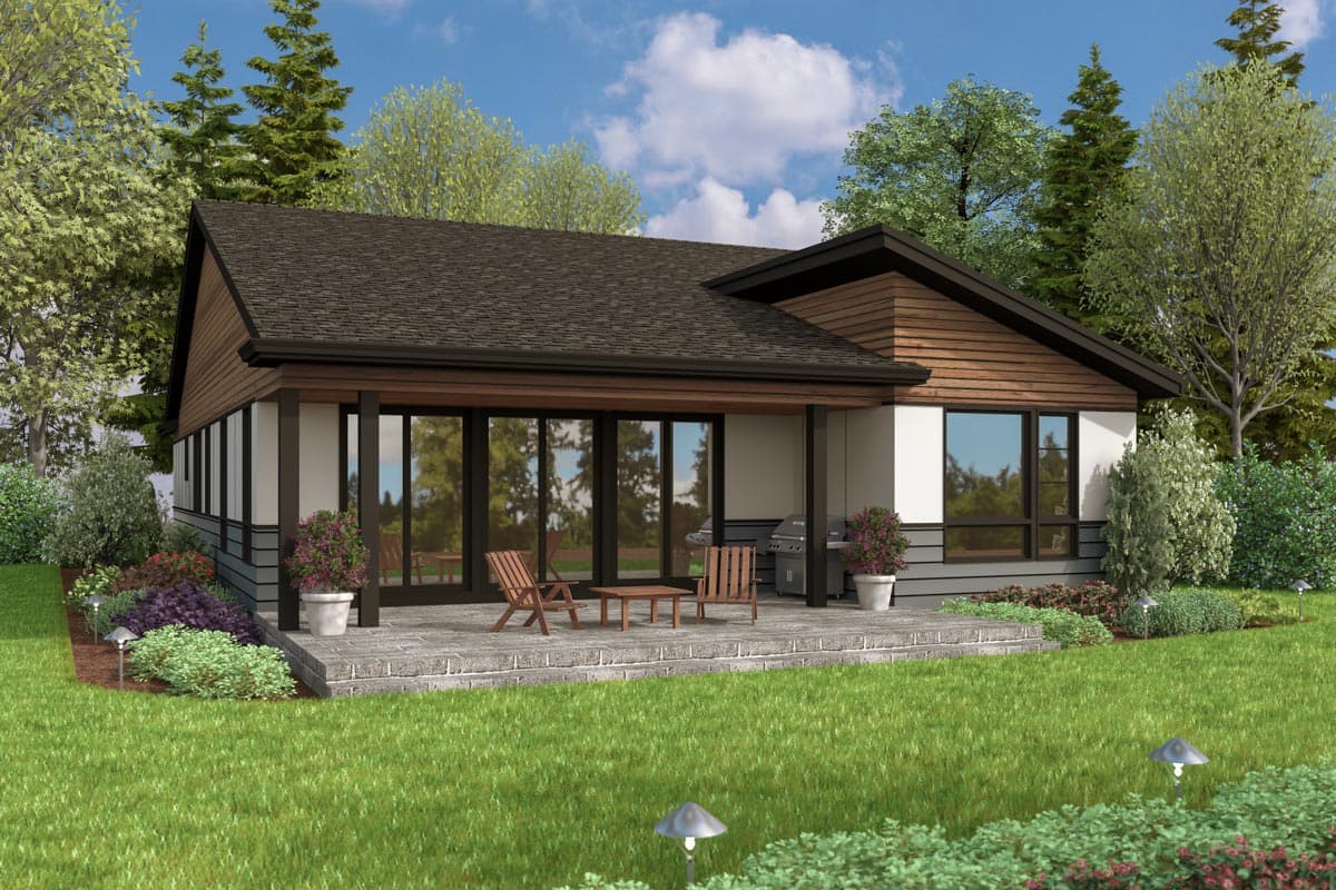 Modern house plan exterior with a low-pitched roof, broad windows, and a covered patio with seating and a grill.