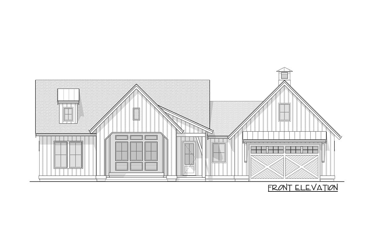 Front elevation drawing of a Modern Farmhouse with a prominent gable, dormer, and detached garage with cupola.