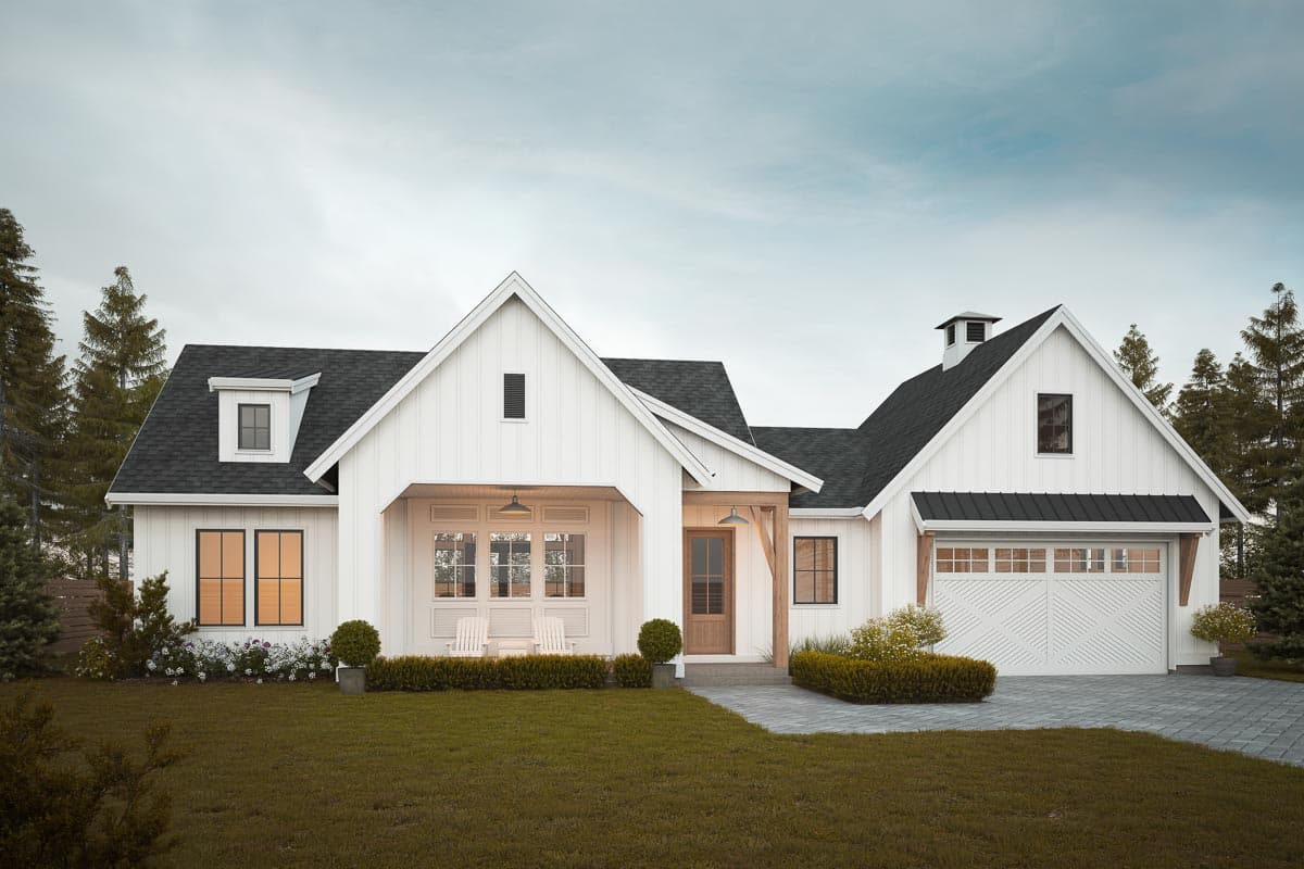 House plan exterior. Modern Farmhouse style with gabled roof, covered porch, and attached garage. Includes dormer above front windows.