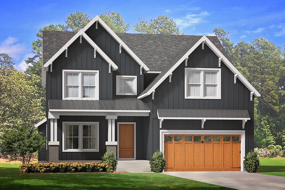 House plan exterior: two-story Modern Farmhouse with gables, porch, metal roof sections, and wood garage door.