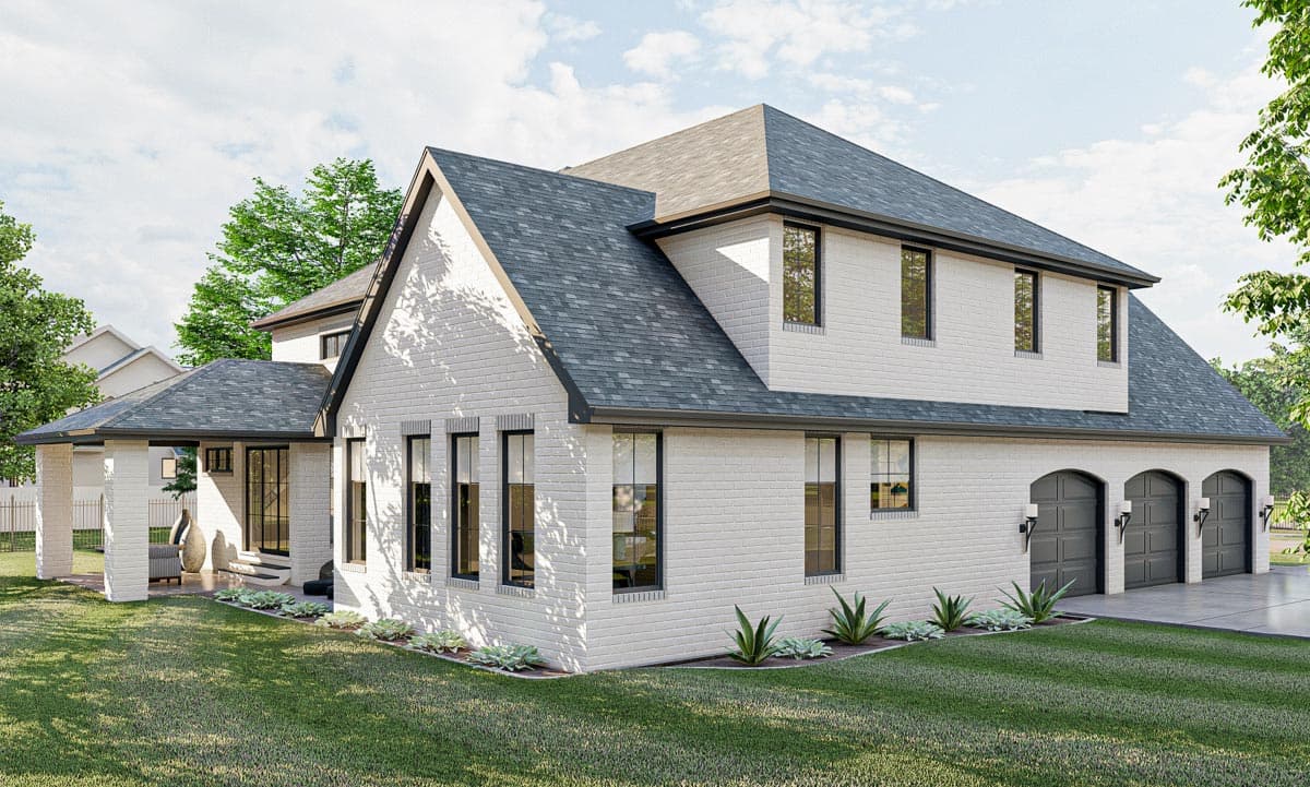 House plan exterior: two-story, white brick with gabled roof, covered porch, and three-car arched garage.