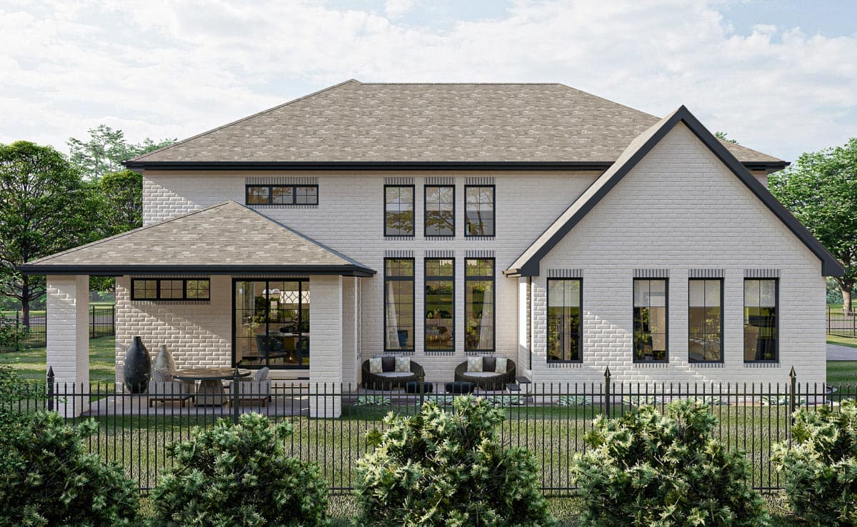 Two-story house plan exterior with white brick, large black-framed windows, gabled roof, and covered patio.