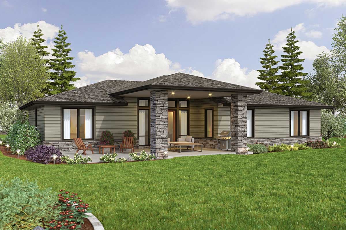 House plan exterior: Single-story home with covered patio, stone accents, horizontal siding, and hip roof.