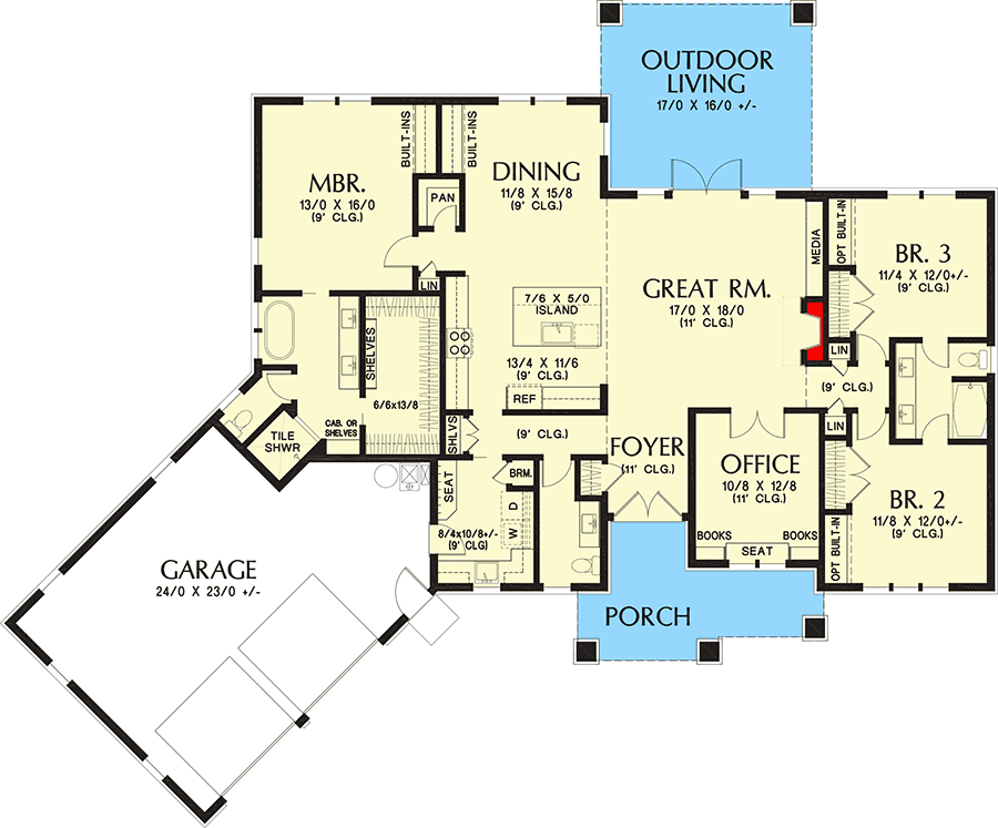 Plan 69781AM: Contemporary Prairie Ranch Home Plan with Angled Garage - Floor Plan - Main Level - Contemporary, Mid Century Modern, Northwest, Prairie, Ranch