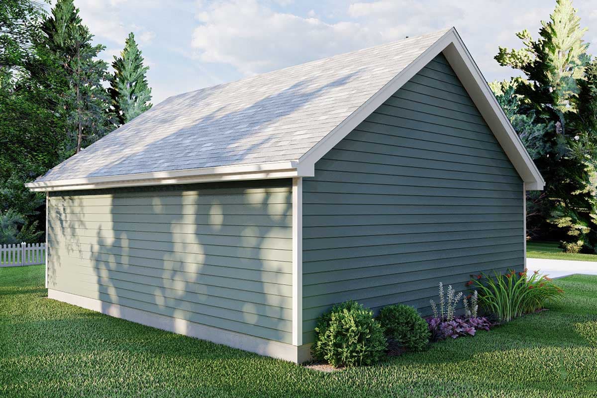 House plan exterior of a single-story garage with horizontal siding, gable roof, and white trim.