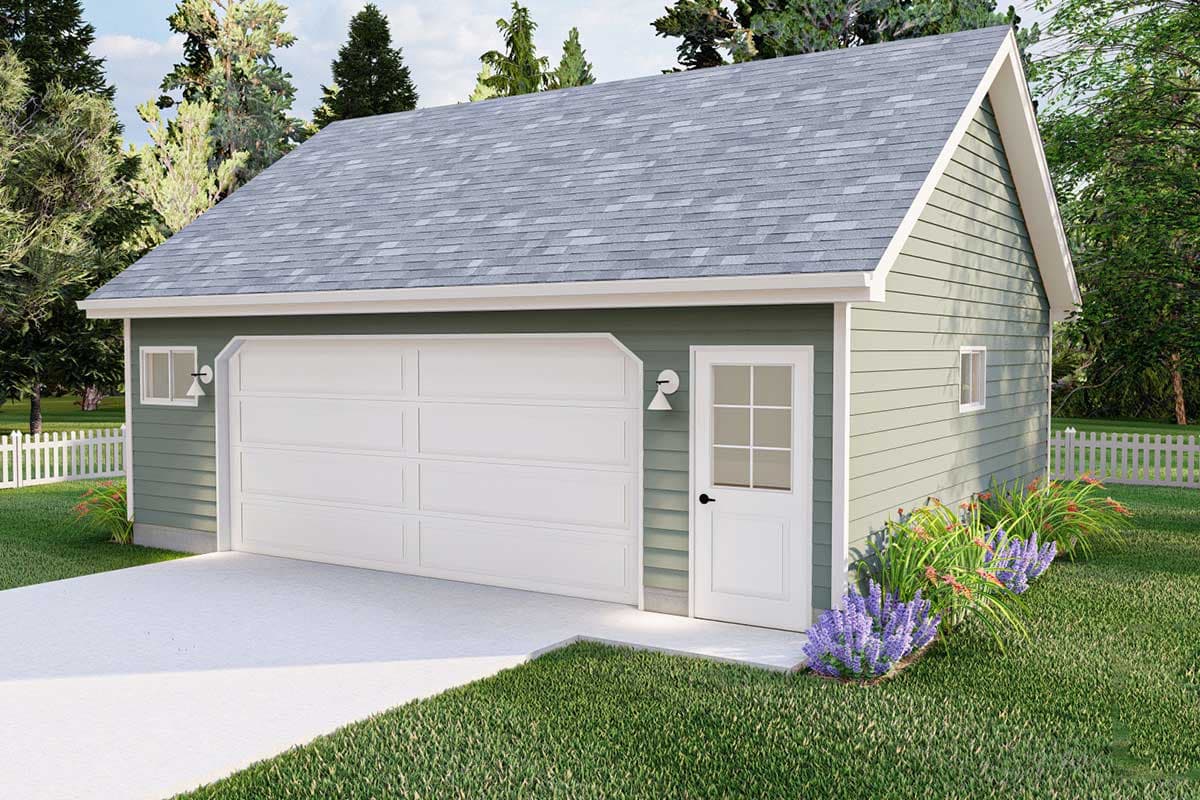 House plan exterior with gable roof, single-car garage, and a side entry door. Features include vertical siding and a concrete driveway.