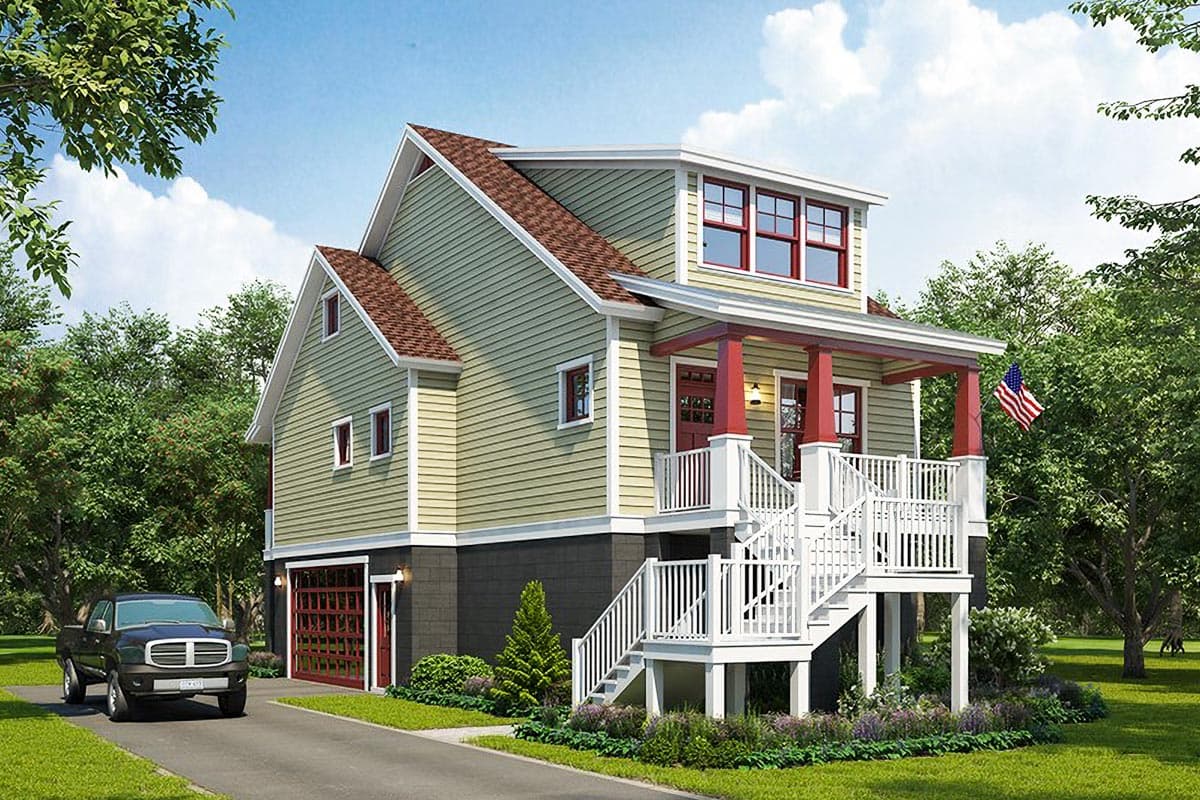 House plan exterior. Two-story with Craftsman style. Features include a front porch, gables, and a detached garage.