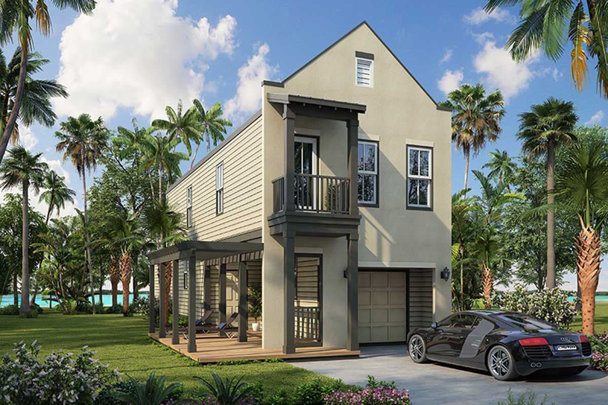 House plan exterior. Two-story with a gable roof, covered porch, and a second-story balcony. Features include a garage and horizontal siding.