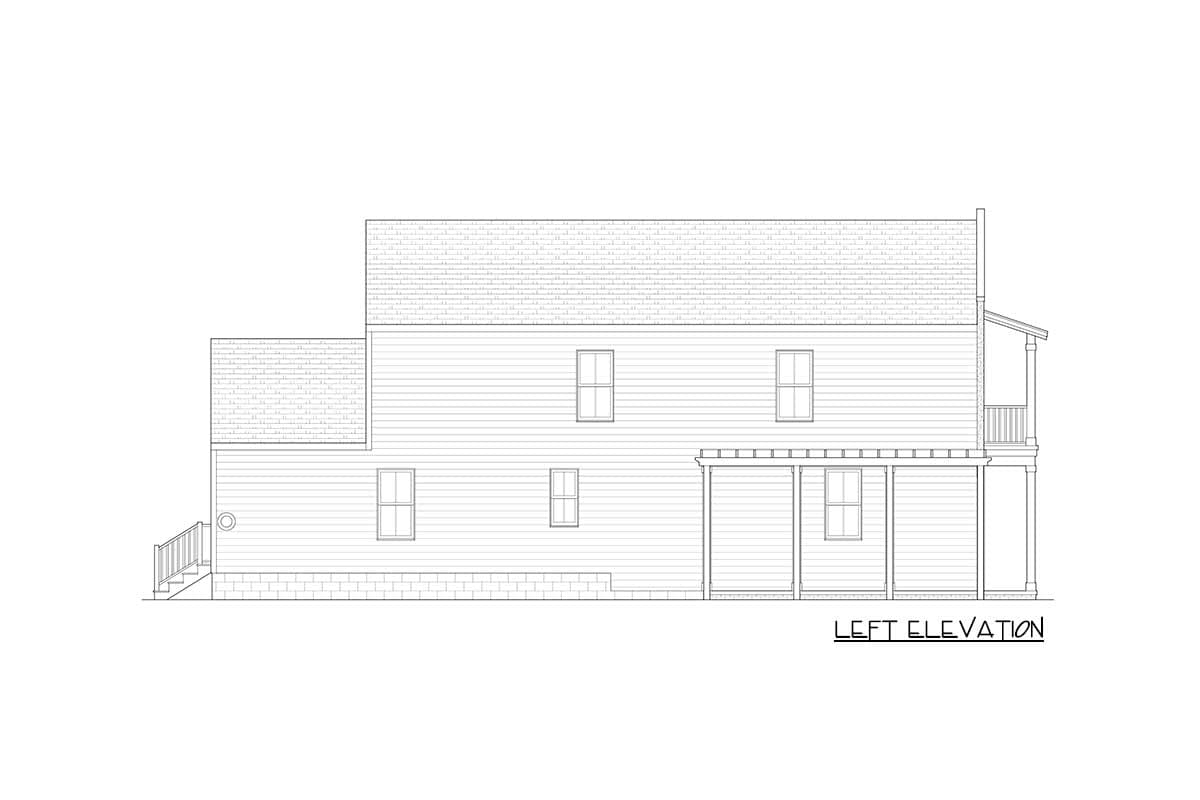 House plan left elevation drawing showing two stories, horizontal siding, and a covered porch with columns.