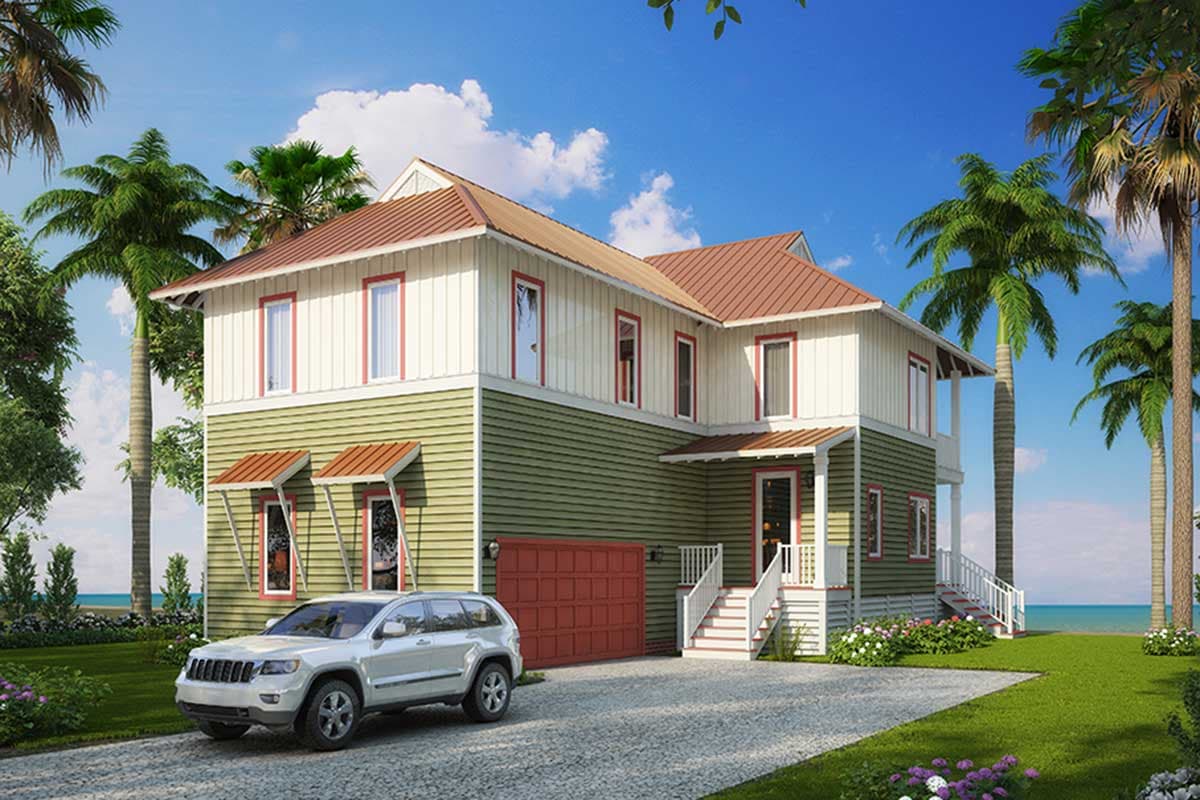 House plan exterior. Two-story house with gabled roof, covered porch, and attached garage. Includes awnings over some windows.