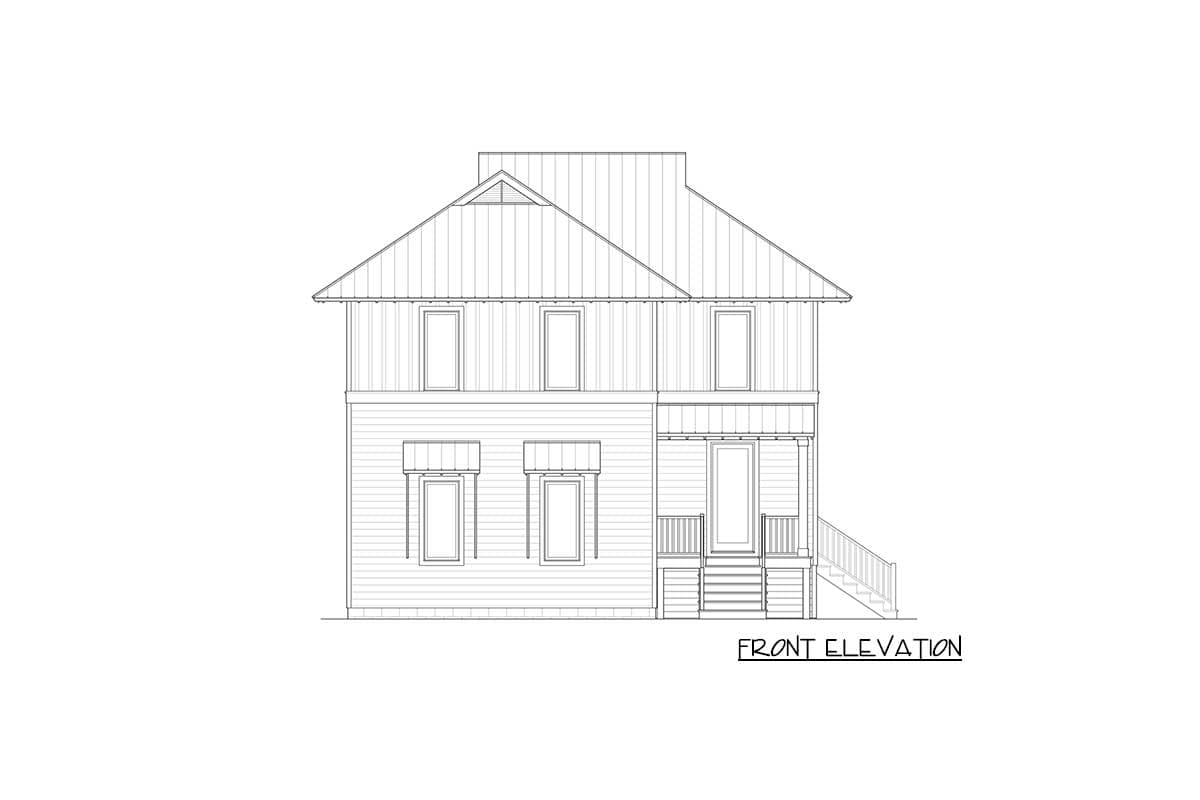 Front elevation drawing of a two-story house with a gable roof, front porch, and varied window styles.