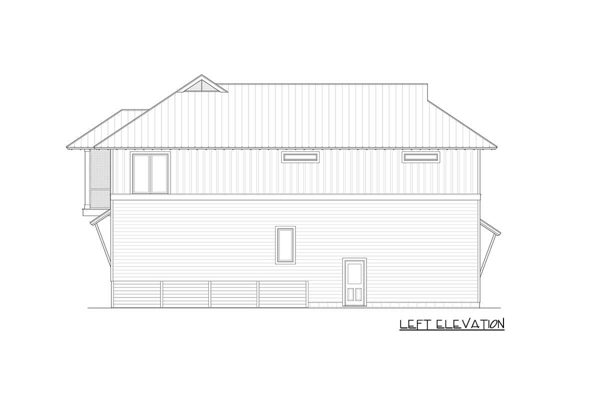 Left elevation drawing of a two-story house plan with a screened porch, gables, and metal roof.