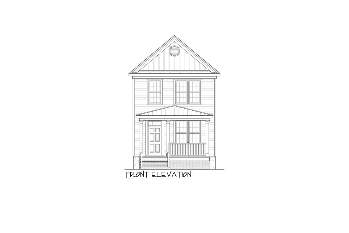 Front elevation drawing of a two-story house with a covered front porch, double-hung windows, and a gabled roof.