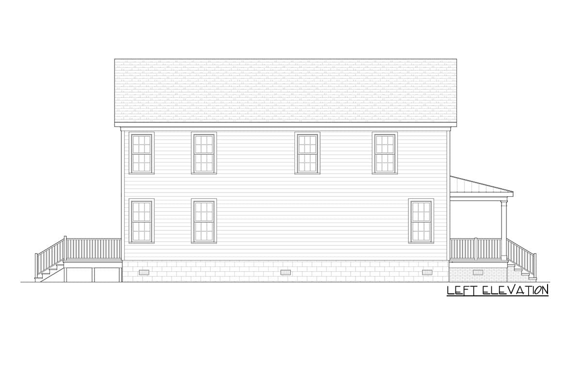 Left elevation drawing of a two-story house plan with double-hung windows and a covered porch with railings.