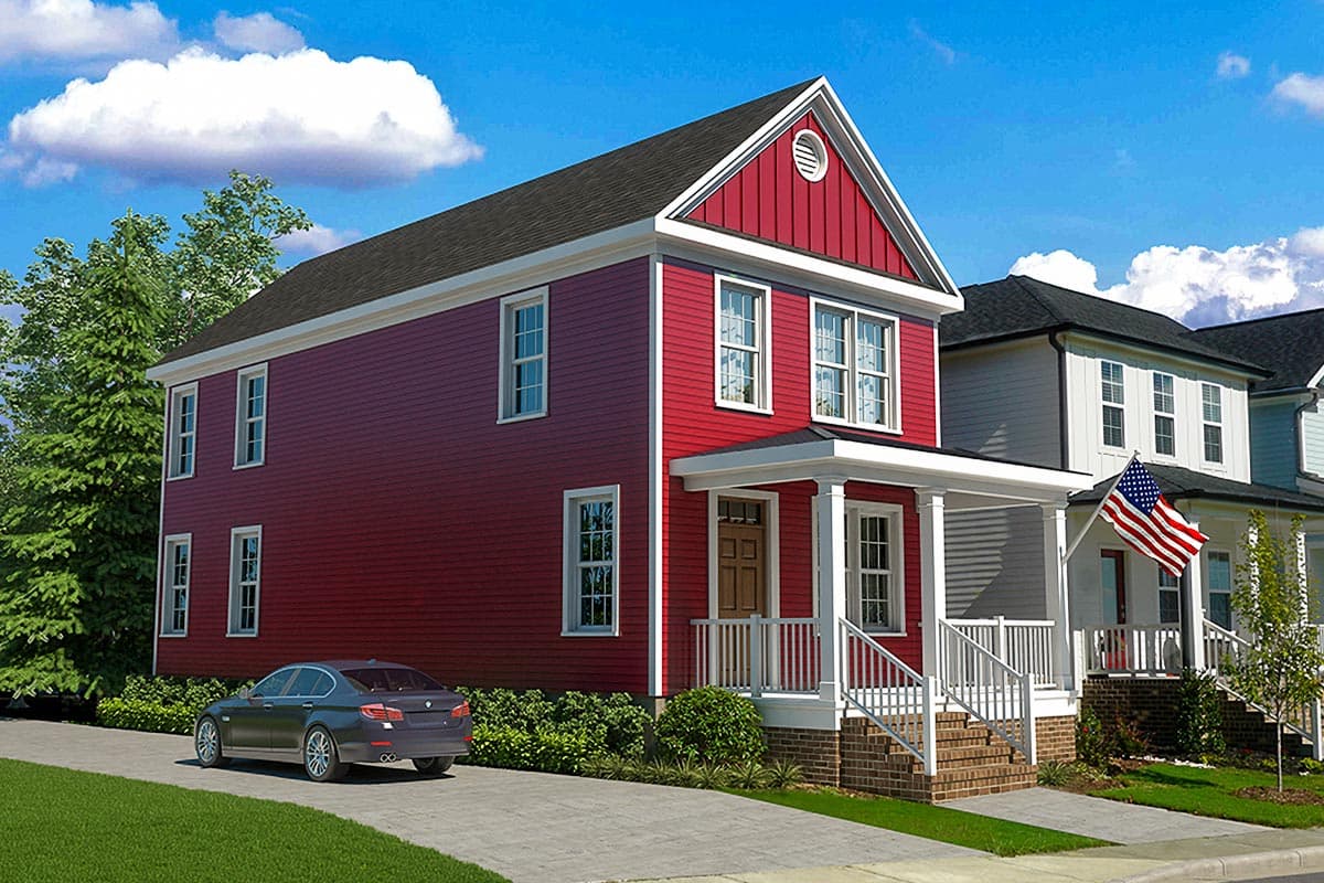House plan exterior. Two-story Colonial-style home with front porch supported by columns. Features include gable roof and dormer detail.
