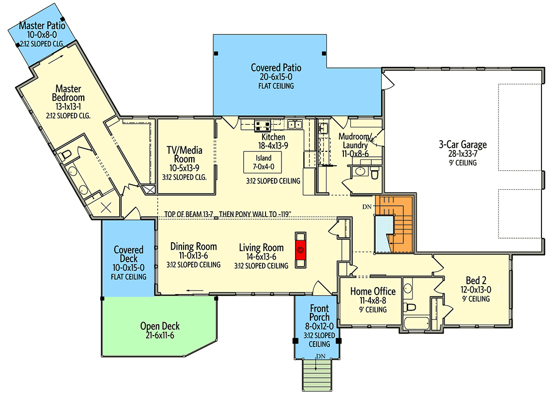 Plan 95119RW: Modern Mountain House Plan with Angled Master Suite and a Home Office - Floor Plan - Main Level - Mid Century Modern, Modern, Mountain, Northwest, Ranch