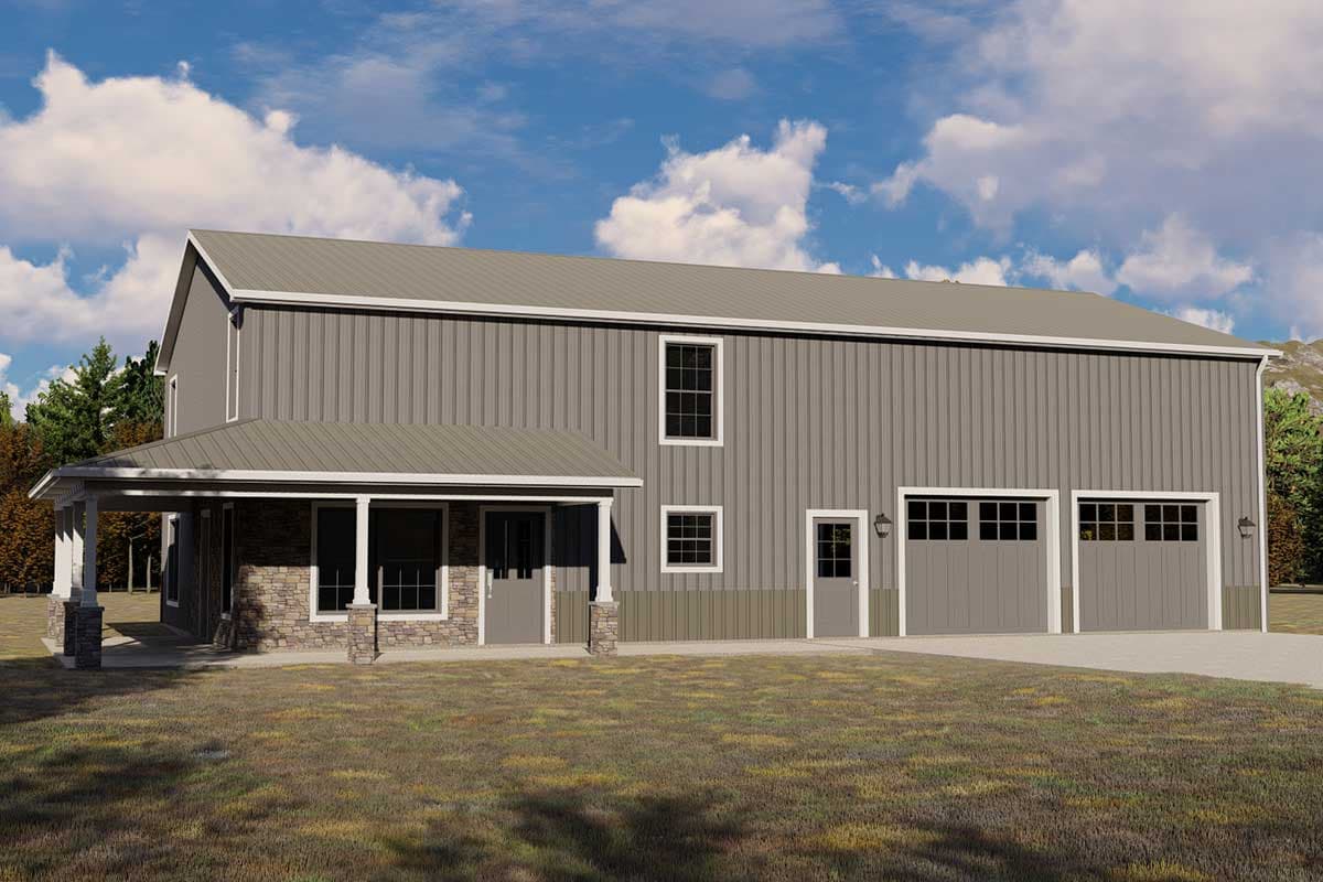 House plan exterior of two-story metal building with covered porch, stone accents, and three garage doors.