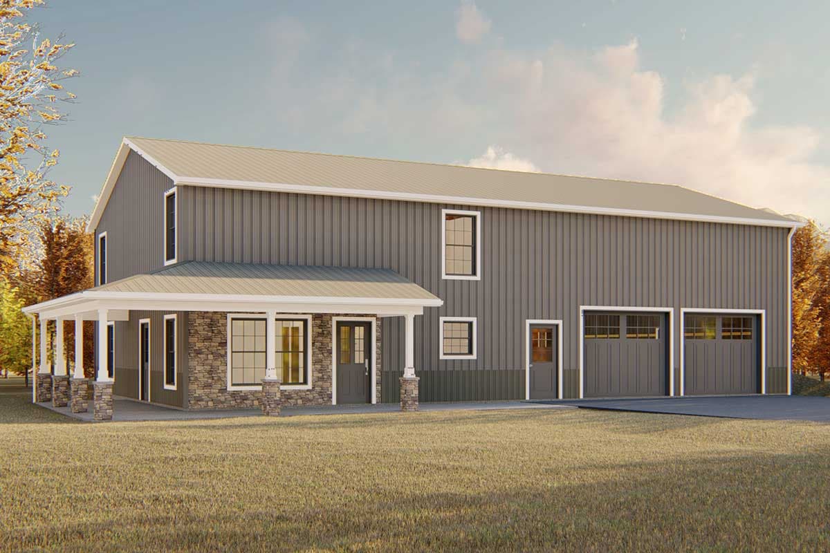 House plan exterior with metal siding, stone base, covered porch with stone columns, and a three-car garage.