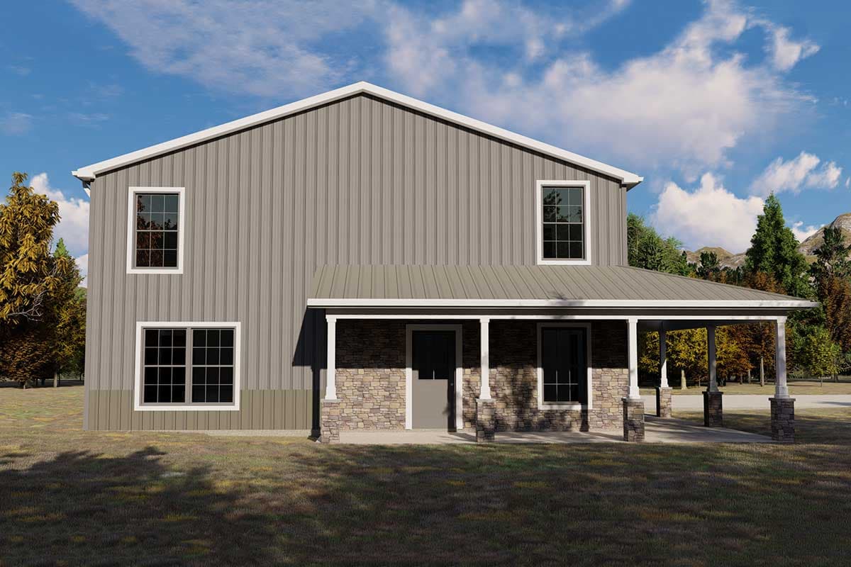 House plan exterior: two-story home with metal siding, covered front porch with stone accents, and gabled roof.