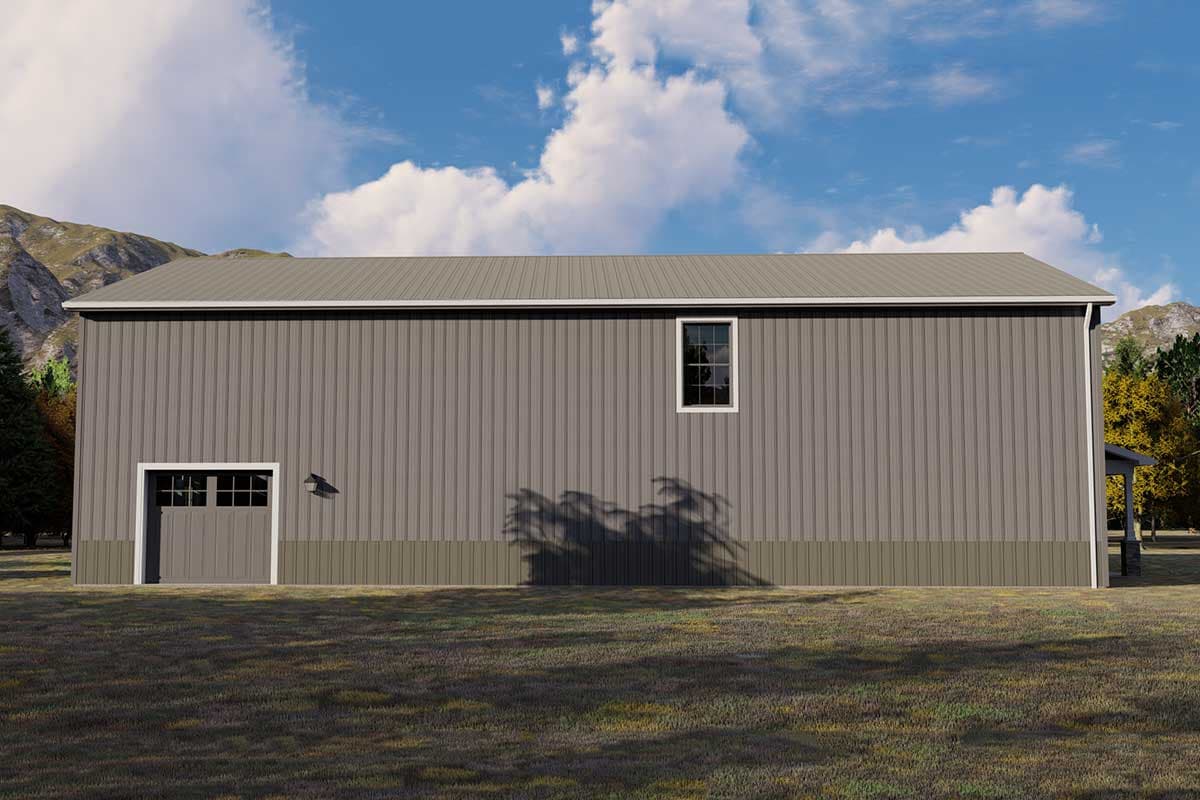 House plan exterior with vertical metal siding, a garage door with window panes, and one inset window.