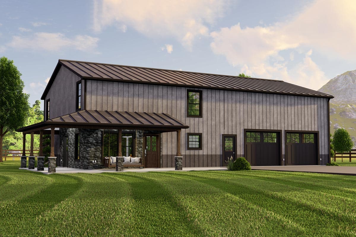 Modern Farmhouse style house plan exterior with metal siding, gabled roof, covered porch with stone accents, and three-car garage.