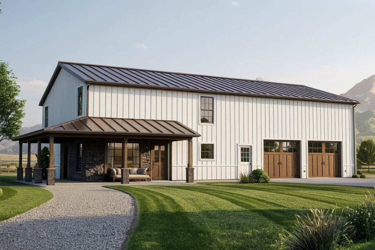 House plan exterior with board and batten siding, metal roof, covered porch with stone columns, and three-car garage.