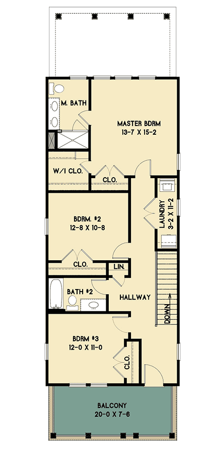 Plan 31599GF: Narrow Country Home Plan with Stacked Front Porches - Floor Plan - 2nd Floor - Country, Southern, Traditional