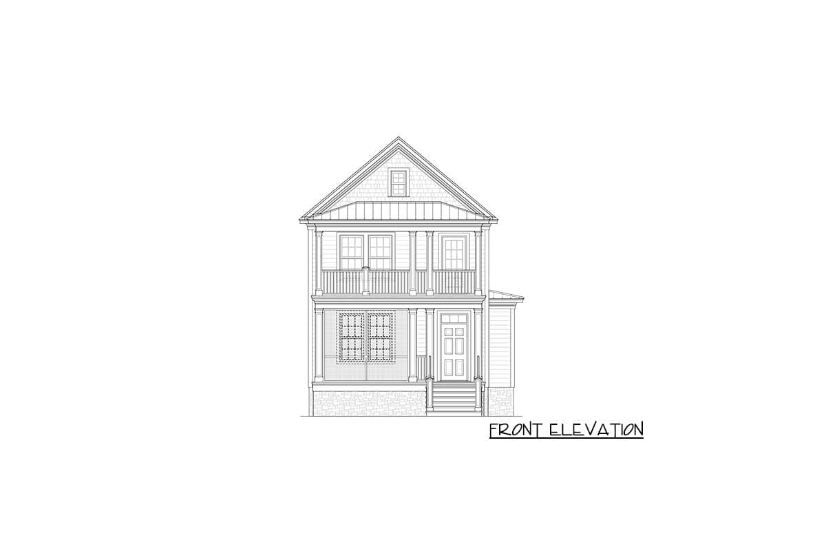 Front elevation drawing of a two-story house plan with a covered porch, balcony, and gable.