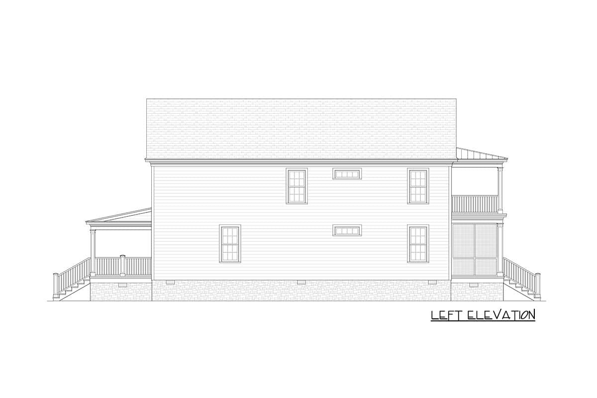 Left elevation house plan with a gabled roof, two-story screened porch, and covered front porch with support columns.
