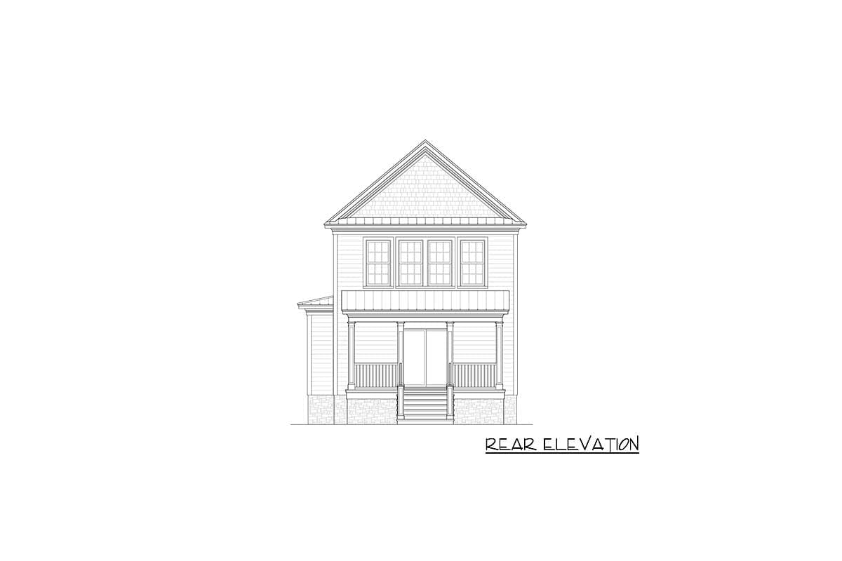 Rear elevation drawing of a two-story house plan with a covered porch and gabled roof.