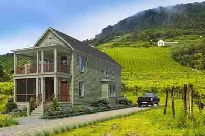 Narrow Country Home Plan with Stacked Front Porches