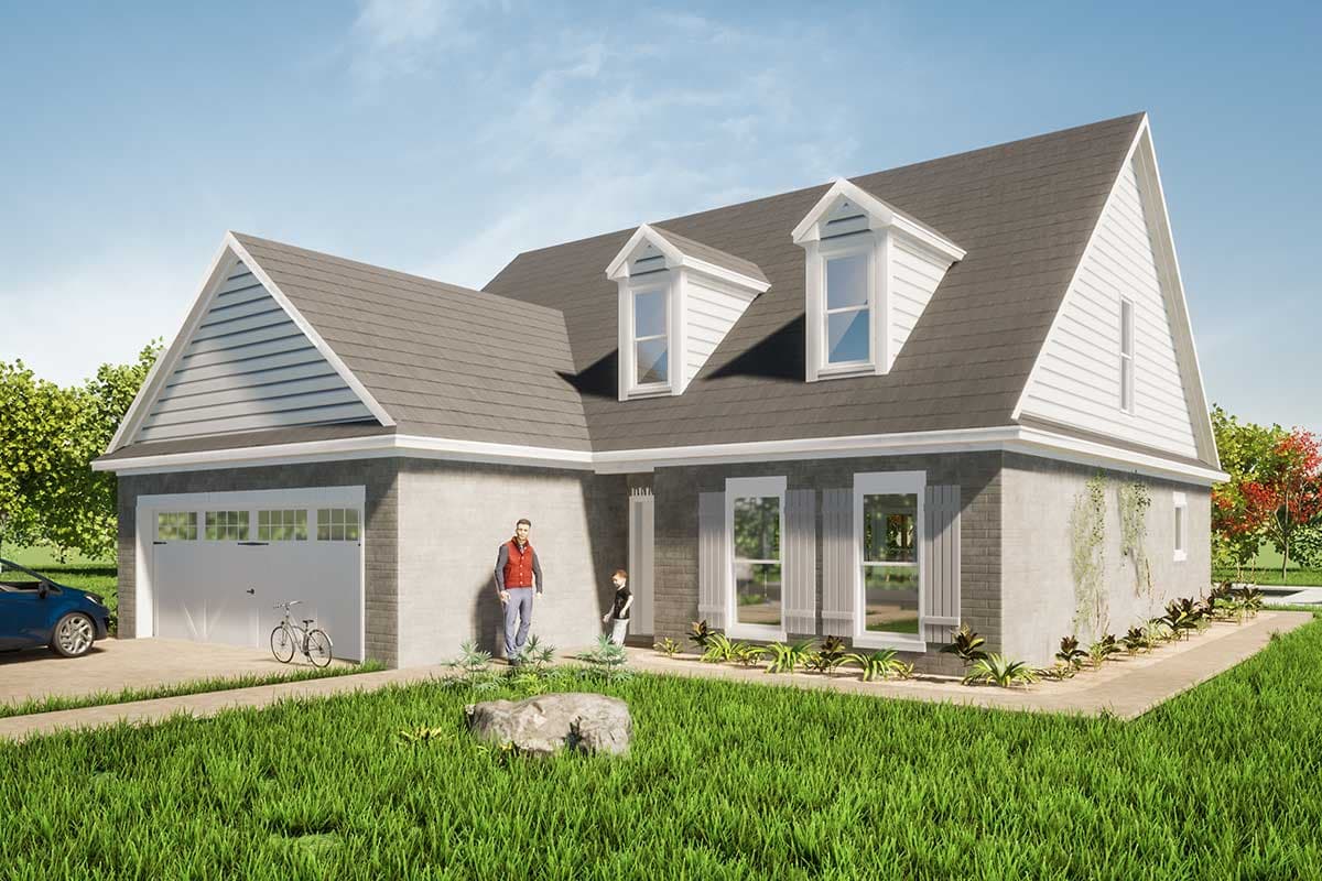 House plan exterior with two stories, gray roof, gabled roof, dormers, and attached garage. Includes person and bicycle in foreground.