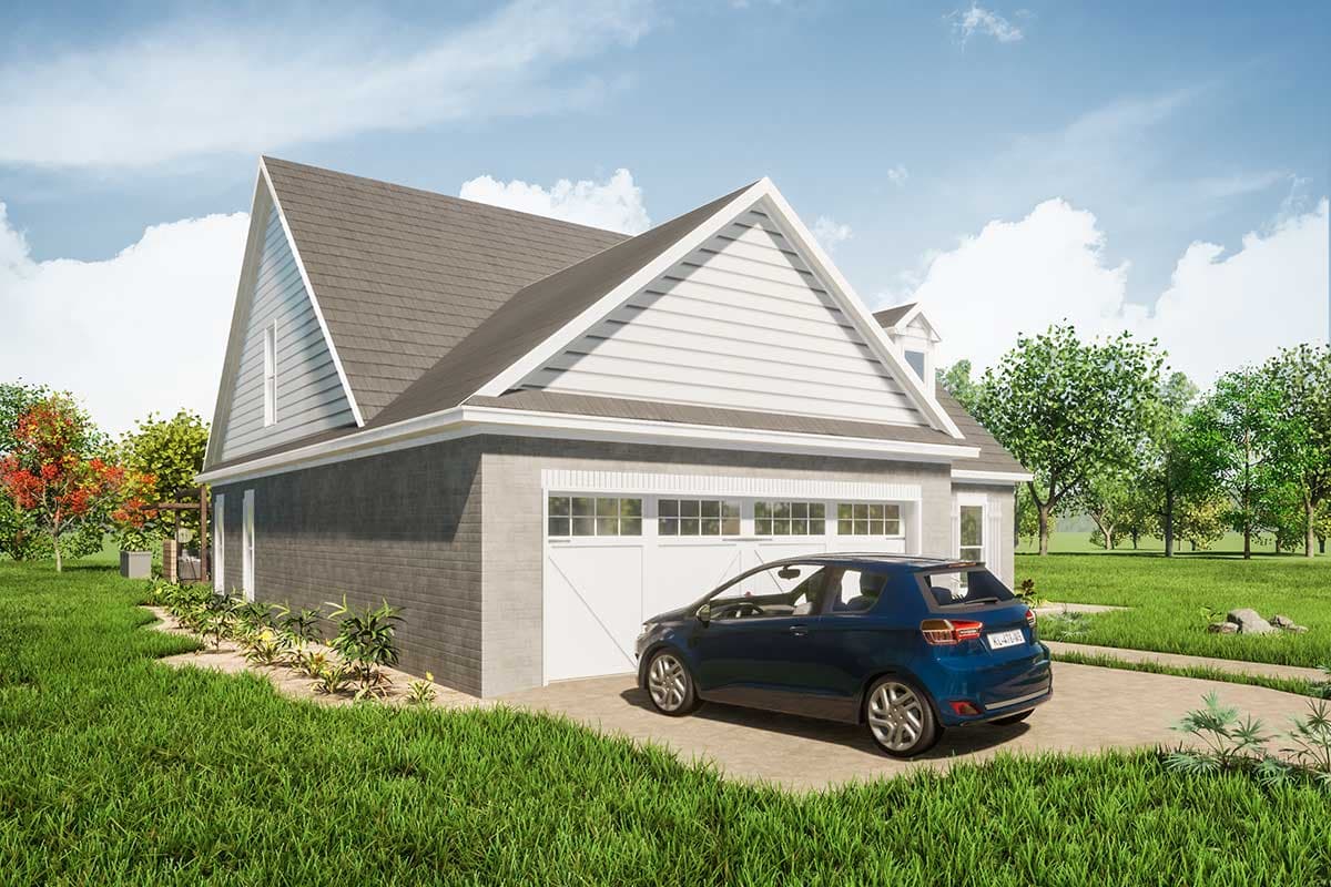 House plan exterior showing a two-car garage with white doors and windows, gray brick facade, and prominent gabled dormers.