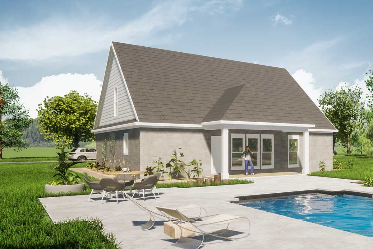 House plan exterior: Modern gable roofline, central dormer, and covered porch with double doors.