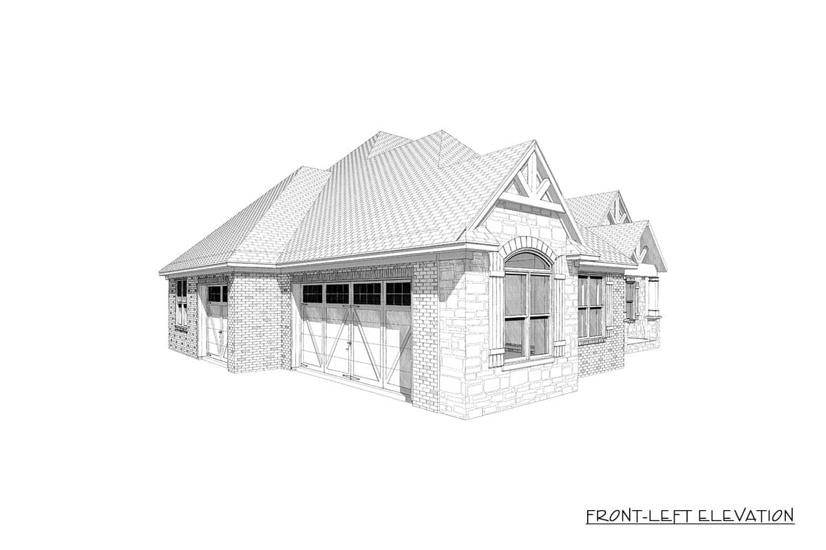 Front-left elevation of a single-story house plan with a brick and stone exterior, arched window, and a two-car garage.