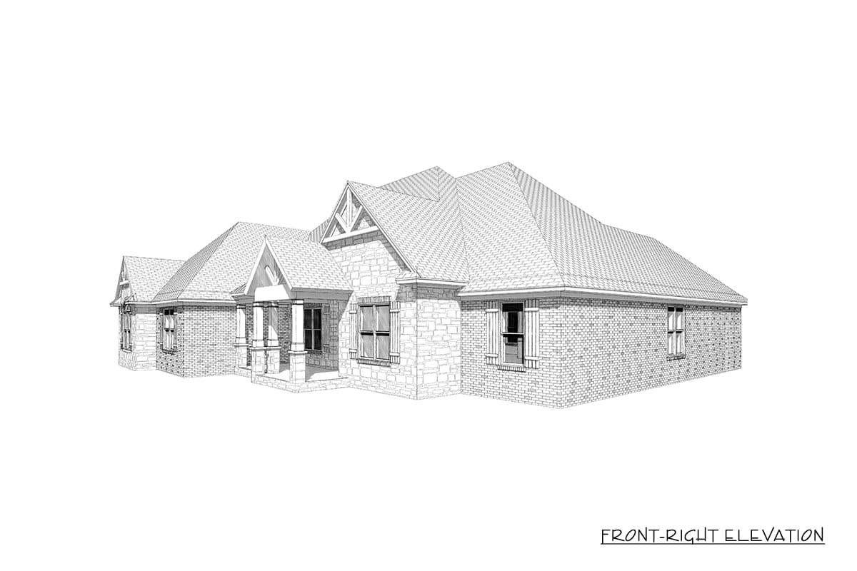 House plan front-right elevation of a one-story home with a covered porch, stone and brick exterior, and multiple gables.