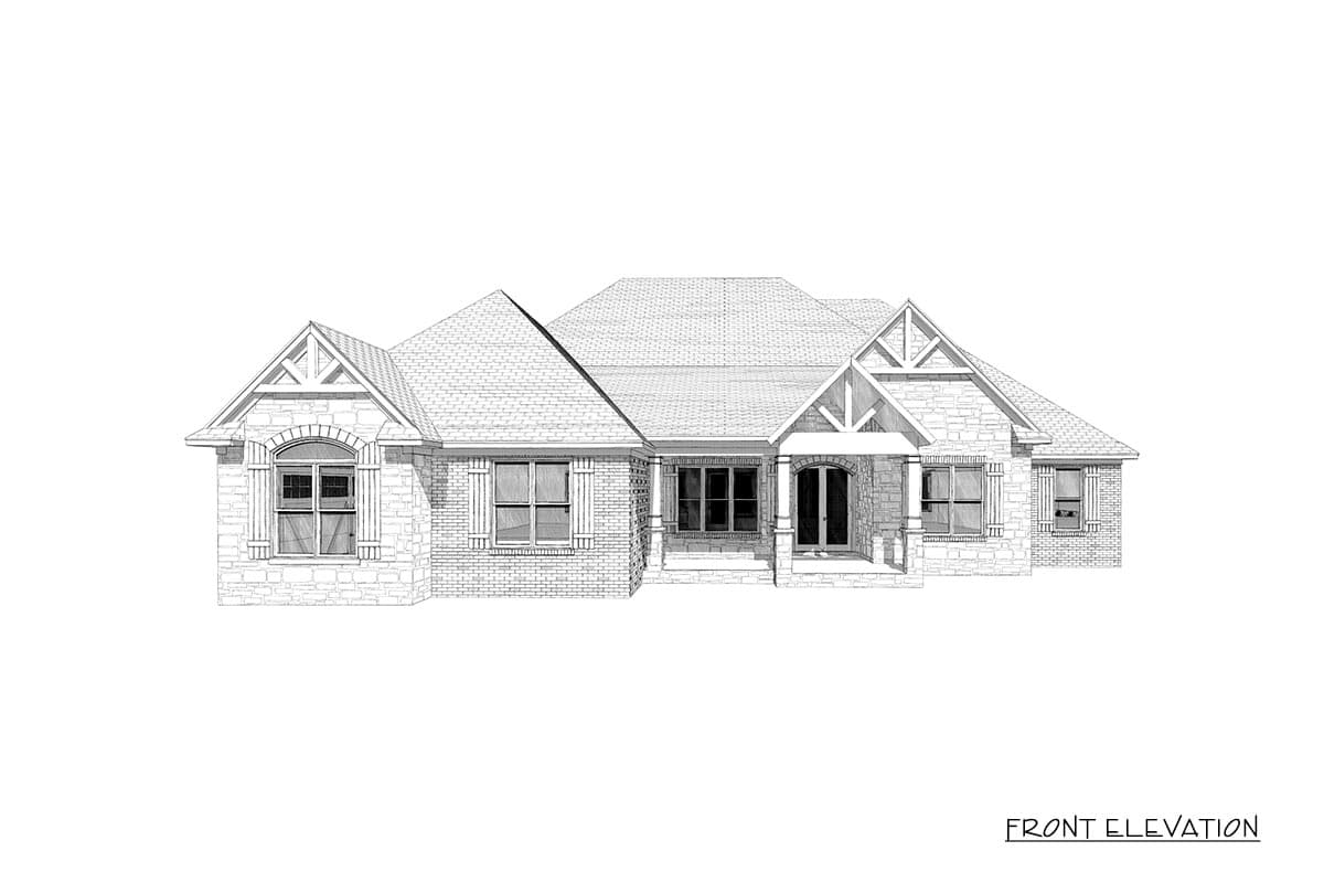 Front elevation house plan with brick and stone exterior, prominent gables with exposed rafter tails, and a covered entry porch.