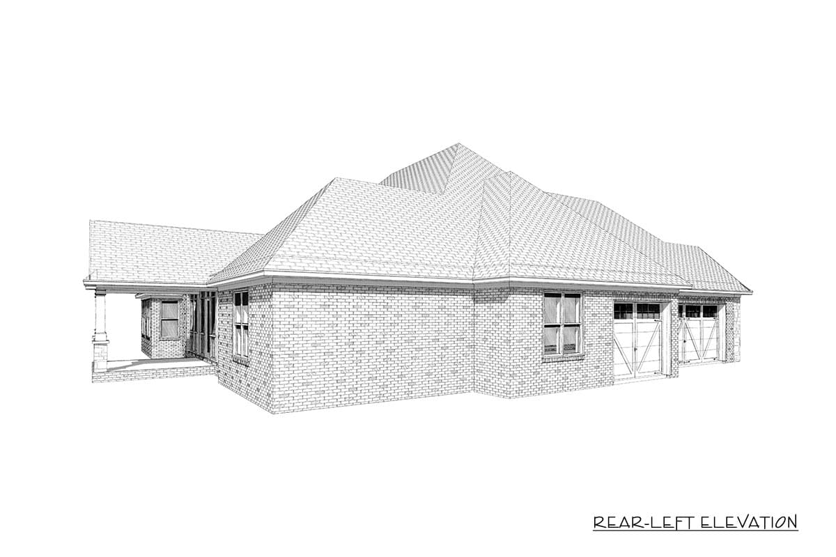 Rear-left elevation of a one-story brick house plan with a covered porch, prominent rooflines, and a side-entry two-car garage.