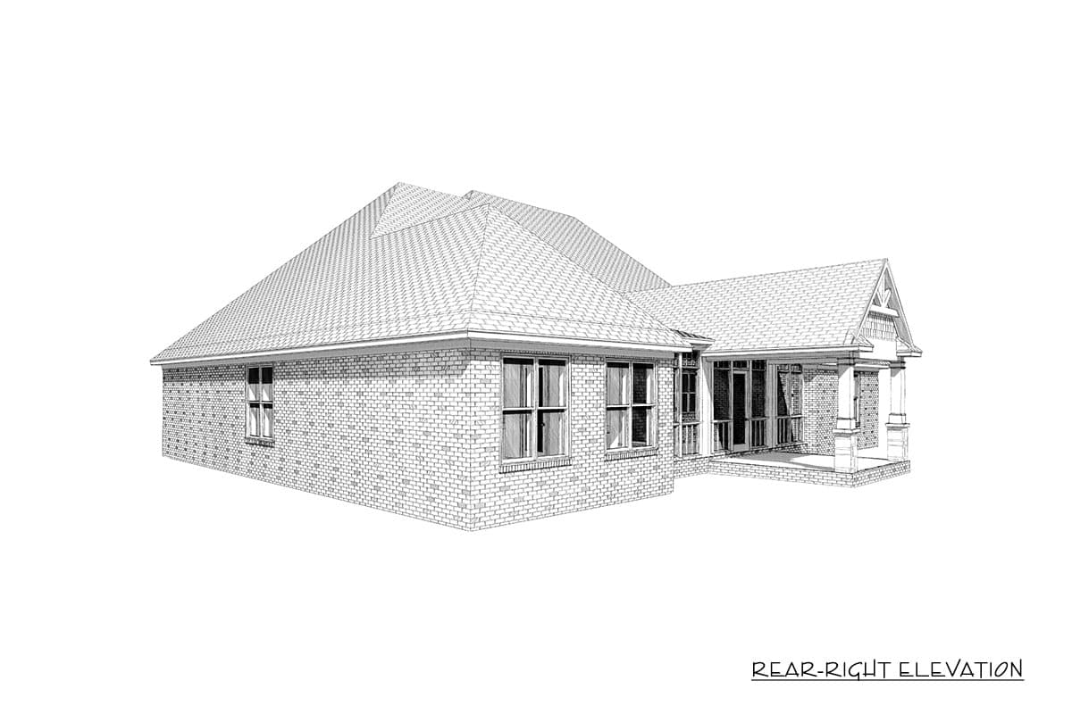 Rear-right elevation drawing of a single-story brick house with a screened porch and gabled entrance.