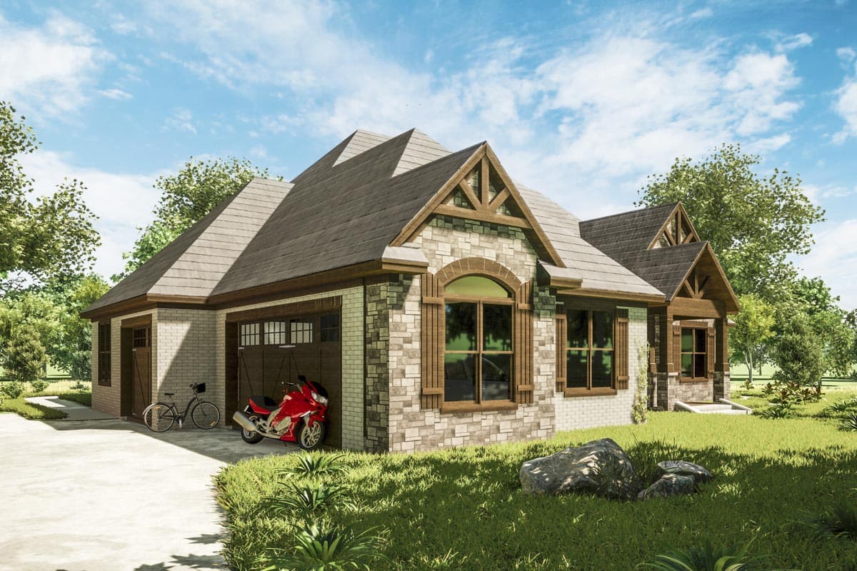 House plan exterior rendering of a one-story home with stone and brick facade, gabled rooflines, and a two-car garage.