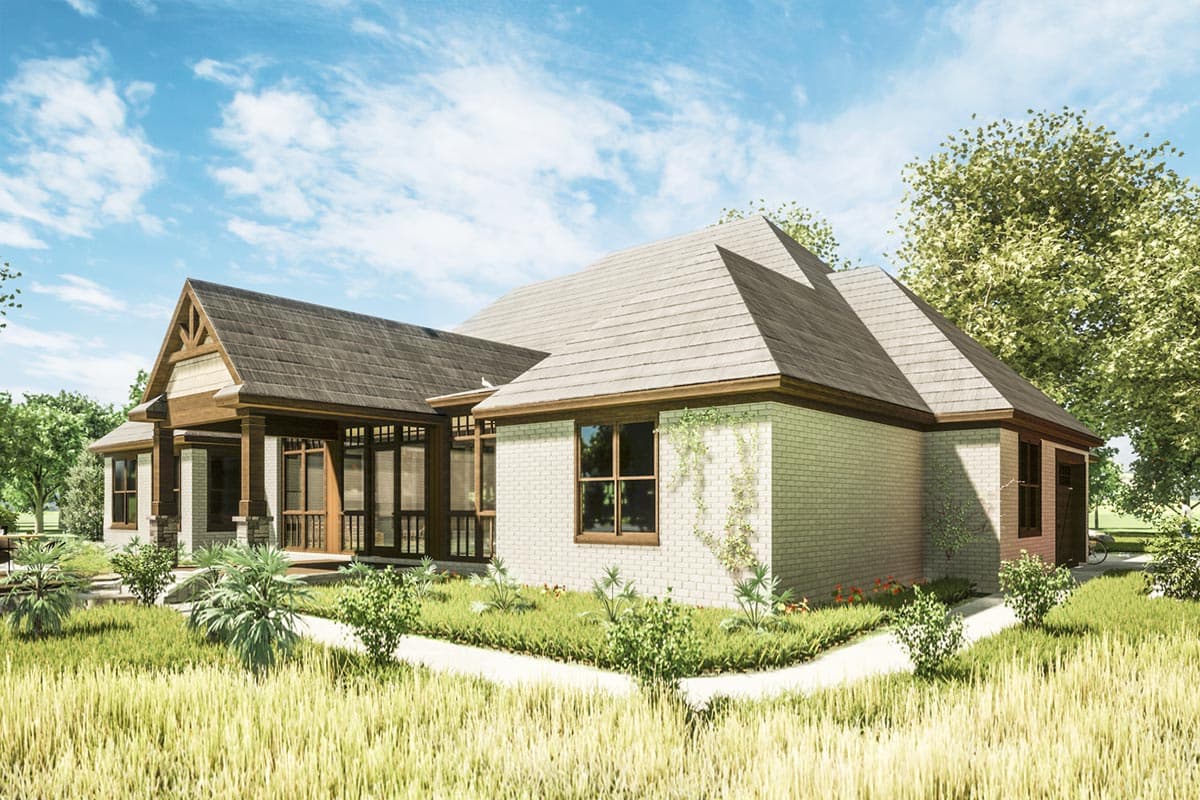House plan exterior. This one-story home features a covered porch with wood columns, a prominent gable, and white brick siding.